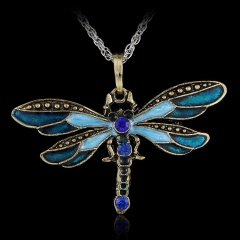 Women's Fashion Crystal Rhinestone Dragonfly Pendant Necklace Long Sweater Chain Blue