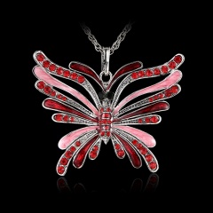 Fashion Crystal Butterfly Pendant Necklace Women Long Sweater Chain Red