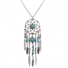 Retro Boho Dream Catcher Turquoise Feather Pendant Tassel Chain Necklace Jewelry 3