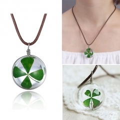Fashion Real Dried Flower Four-leaf clover Pendant Necklace Glass Charm Jewelry Green