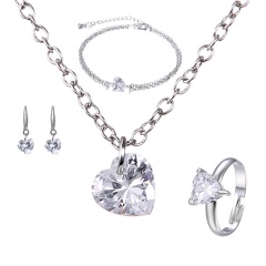 Fashion Simple Silver With Simple Stone Four-Piece Suit Necklace Earring Bracelet Jewelry Set Heart