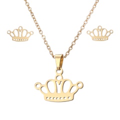 Gold Stainless Steel Necklace Earring Set Crown