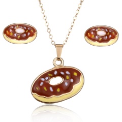Cute Donut Necklace Earring Set Alloy Painting Oil Gold