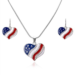 Heart Shaped American Flag Peach Heart Necklace and Earring Set 1set