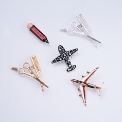 Cute Fashion Aircraft Scissors Comb Pencil Pearl Rhinestone Painting Oil Alloy Brooch Pins for Women Girls Jewelry Gift Aircraft 2
