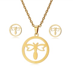 Stainless Steel Necklace Set Dragonfly Gold