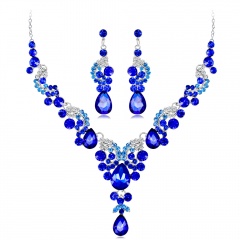 CA614-B Wedding Bridal Masquerade Necklace and Earrings Rhinestone Set Blue