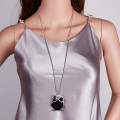 Rhinestone Crystal Owl Animal Pendant Necklace Long Sweater Chain Lady Jewellery Black