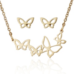 Gold Stainless Steel Necklace Earring Set Butterfly
