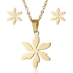 Gold Stainless Steel Necklace Earring Set Flower