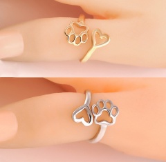 Fashion Adjustable Gold Silver Hollow Heart Animal Paw Ring Band Women Jewelry Adjustable-Cat