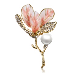 Rinhoo Elegant Flowers Plant Brooch Jewelry Pink Hibiscus Flower Pearl Crystal Brooch Corsage Women Fashion Jewelry Accessories Pink