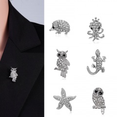 Silver Color Crystal Animal Brooch Rhinestone Alloy Owl Starfish Hedgehog Squid Clothes Pin Brooches For Women Jewelry Gifts Seastar