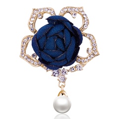Elegant Handmade Pearl Rhinestone Fabric Flower Brooch Pins Cute Romantic CZ Female Brooch Women Wedding Party Jewelry Wholesale Dark blue