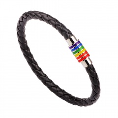 Rinhoo Black Brown Genuine Braided Leather Bracelet Stainless Steel Gay Pride Rainbow Magnetic Charms Bracelet Gift for Women Men BLACK
