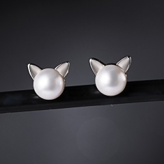 1Pair Cute Cat Pearl Stud Earrings for Girl Kids Jewelry Cat