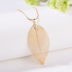 Unique Real Natural Dried Leaf Leaves Skeleton Necklace Pendant Leather Chain Gold