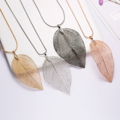 Unique Real Natural Dried Leaf Leaves Skeleton Necklace Pendant Leather Chain Gold