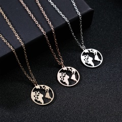 Women Stainless Steel Round Hollow Map Cactus Hollow Pendant Necklace Jewelry Gold Map