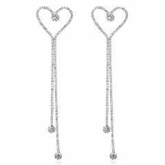 925 Sterling Silver Crystal Heart Stud Earrings Long Tassel Dangle Earrings Silver