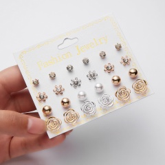 12 Pairs Fashion Zircon Crystal Pearl Earrings Set Women Geometric Ear Stud Jewelry Party Flower