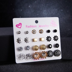 12 pairs/set of Pearl Flowers Bow Zircon Stud Earrings Simple Geometric Ear Stud For Women Girls Jewelry Flower