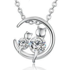 925 Silver Cat Owl Crystal Zircon Charm Pendant Necklace Women Wedding Jewelry Moon Cat