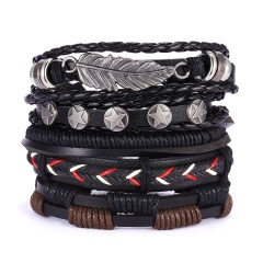 Men Bracelets Vintage Multilayer Leather Braid Bracelets Bangles Star Leaf Owl Handmade Rope Wrap Bracelets Male Gift Jewlery SET 1