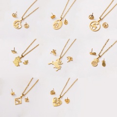 New Fashion Stainless Steel Gold Lovely Animal Cat Earrings Necklace Jewelry Set Pig
