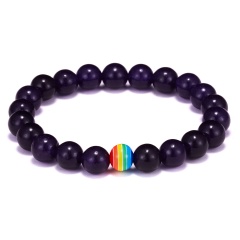 8mm Gemstone Beads With Rainbow Bead Elastic Bracelet Amethyst