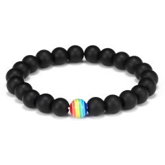 8mm Frosted Matte With Rainbow Beads Elastic Bracelet Black Bead
