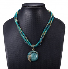 Retro Ethnic Style Short Sweater Chain Beads Pendant Necklace Handmade Jewelry Blue