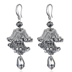 Fashion Crystal Beads Dangle Earrings Boho Long Tassel Women Handmade Ear Hook Gray