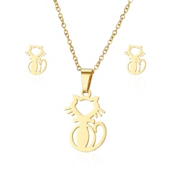 Gold Stainless Steel Necklace Earring Set Kitten