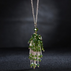 Fashion Crystal Pearl Long Necklace Women Winter Sweater Chain Tassel Pendant Green