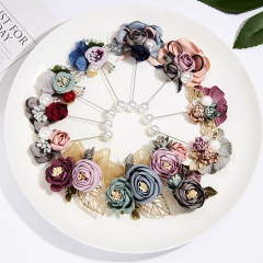 Triple Colorful Fabric Rose Flower Bow Rhinestone Crystal  Pin Pearl Brooch Accessories For Coat Triple Flower 2