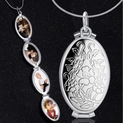 4 Photo retro silver oval pendant that opens multiple layers of photo box necklace Silver