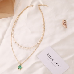 Fashion 2 Layers Star Pendant Necklace Pearl Charms Gold Chain Clavicle Jewelry Green