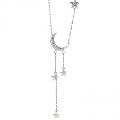 Temperament 925 Silver Necklace Star With Moon Tassel Necklace Clavicle Necklace Jewelry Star with Moon