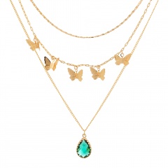 Green Water Drop Zircon Purple Natural Stone Butterfly Multilayer Chain Necklace Green water drop