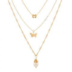 Pearl Pendant Butterfly Letter Multilayer Chain Necklace Necklace