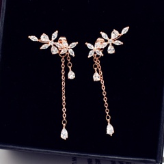 Copper + CZ Stone Leaf Tassel Long Stud Earrings Rose Gold