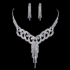 Wedding Jewelry Rhinestone Necklace and Earring Set (Necklace size: 310+170mm, body size: 75*70mm, earring size: 7*40mm) Selling from 12 sets A