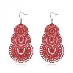 Round Hollow Geometric Flower Candy Color Earrings Red