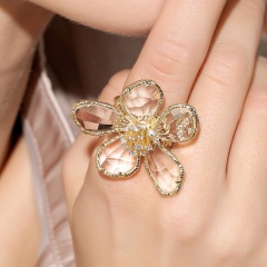 Exaggerated Crystal Flower Open Band Ring White