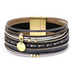 Fashion Golden Circle Dangle Multilayer Leather Bracelets Black
