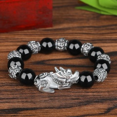 Imitation Natural Obsidian Thai Silver Six-Character Mantra Prayer Beads Lucky Pixiu Bracelets BR20Y0115-1
