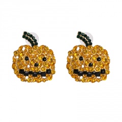 Fashion Rhinestone Pumpkin Ghost Face Glass Diamond Stud Halloween Earrings Yellow