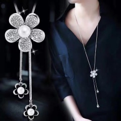 Wholesale Flower Diamond Pearl Long Tassel Sweater Chain Necklace Silver
