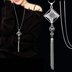 Blue Square Crystal Silver Tassel Long Necklace Wholesale Square
